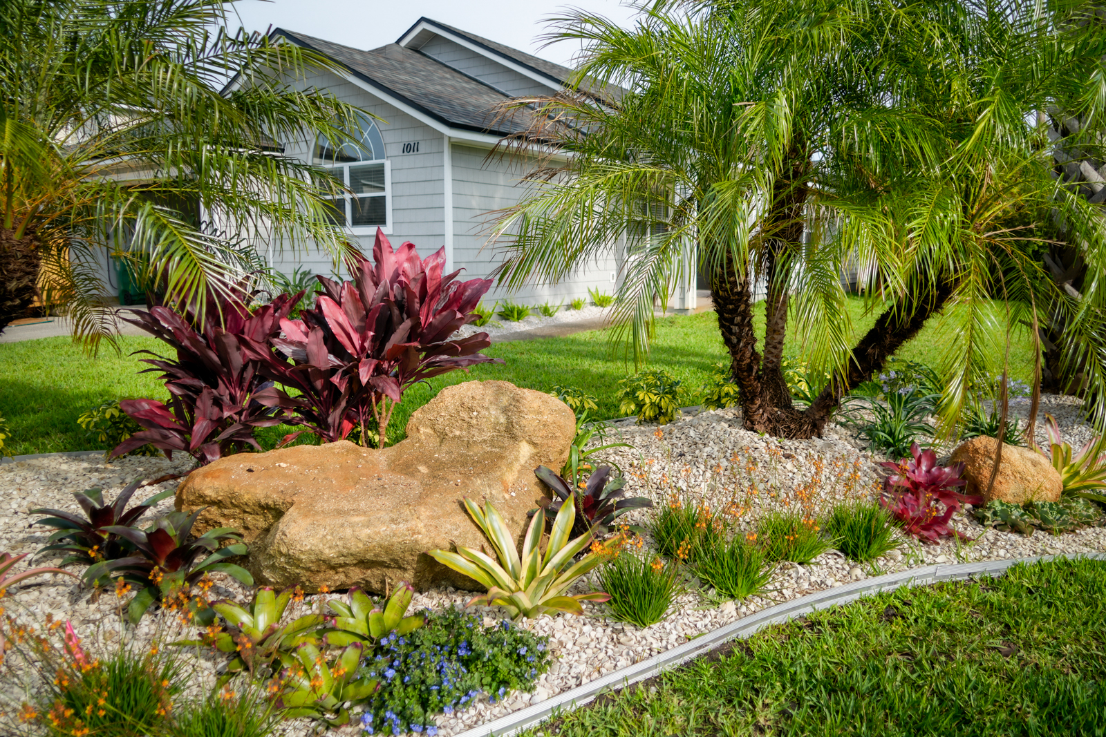 An exotic rock installation featuring unique, colorful stones that serve as an eye-catching centerpiece in a modern garden setting