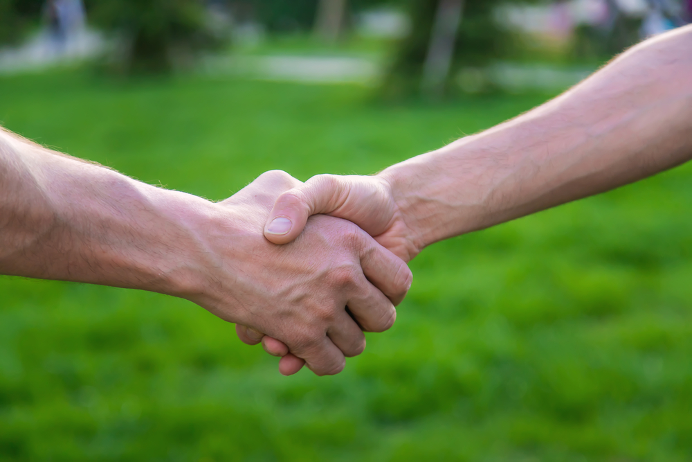 Customers shaking hands with their lawn care services team